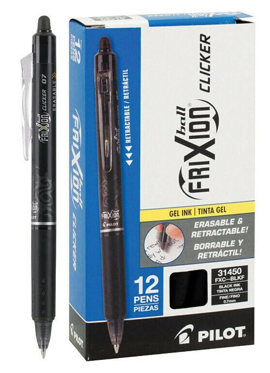 Pilot Frixion Clicker Erasable Gel Pens, 0.7 Mm, Black, Pack Of 12