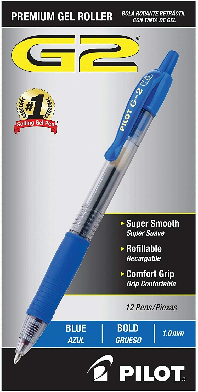 Pilot G2 Retractable Premium Gel Ink Roller Ball Pens, 1.0 Bold, Blue, 12 Count